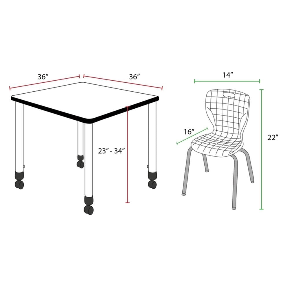 36" Square Mobile Table with 4 Navy Blue Stackable Chairs R418325