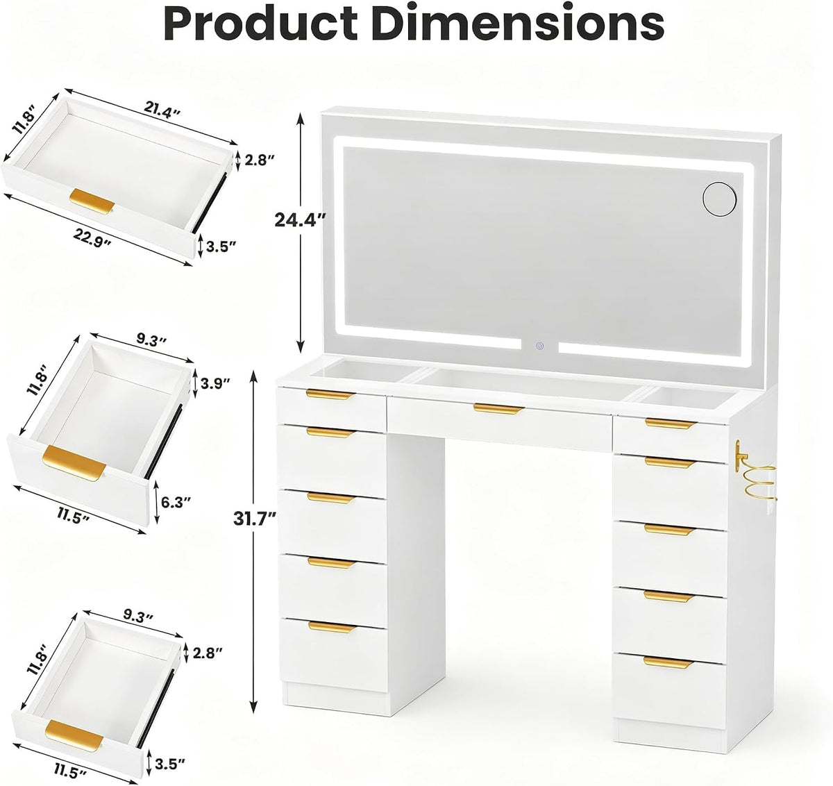 White Glass Top Vanity Desk with Mirror and Lights, 11 Drawers K506381
