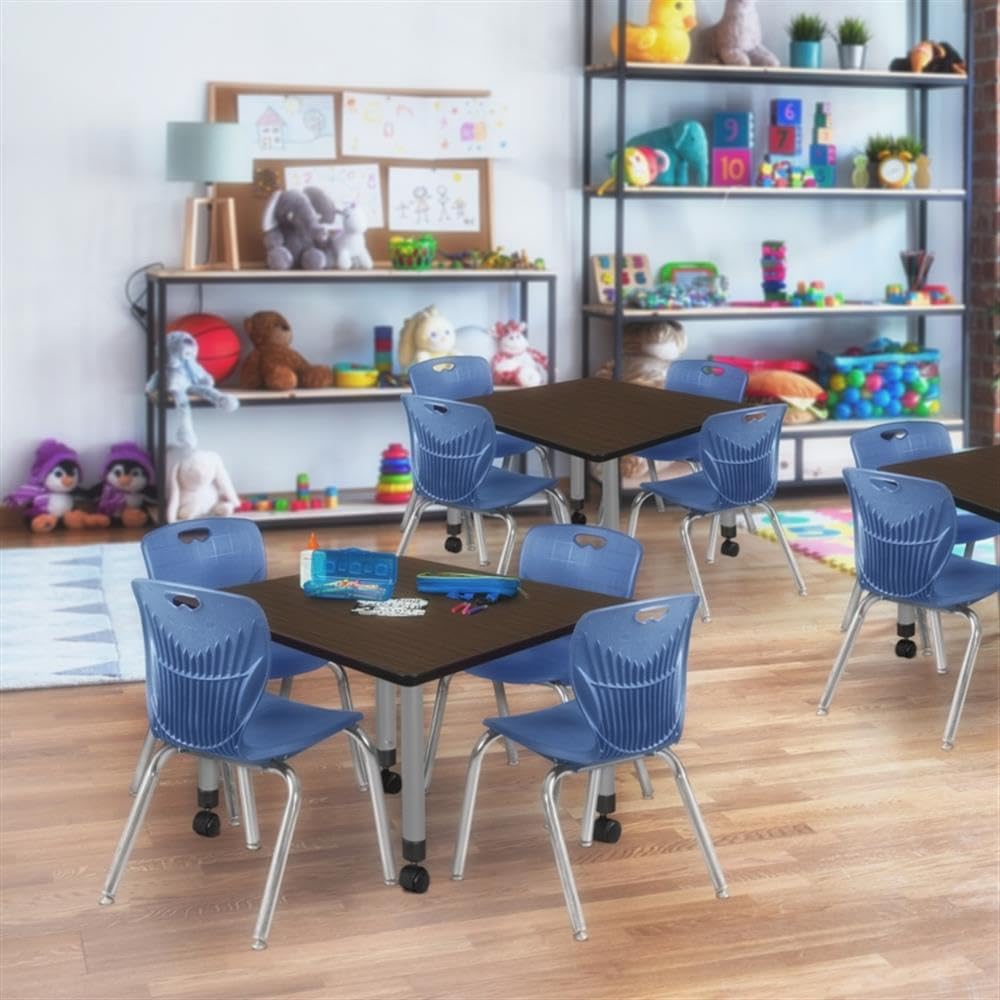 36" Square Mobile Table with 4 Navy Blue Stackable Chairs R418325