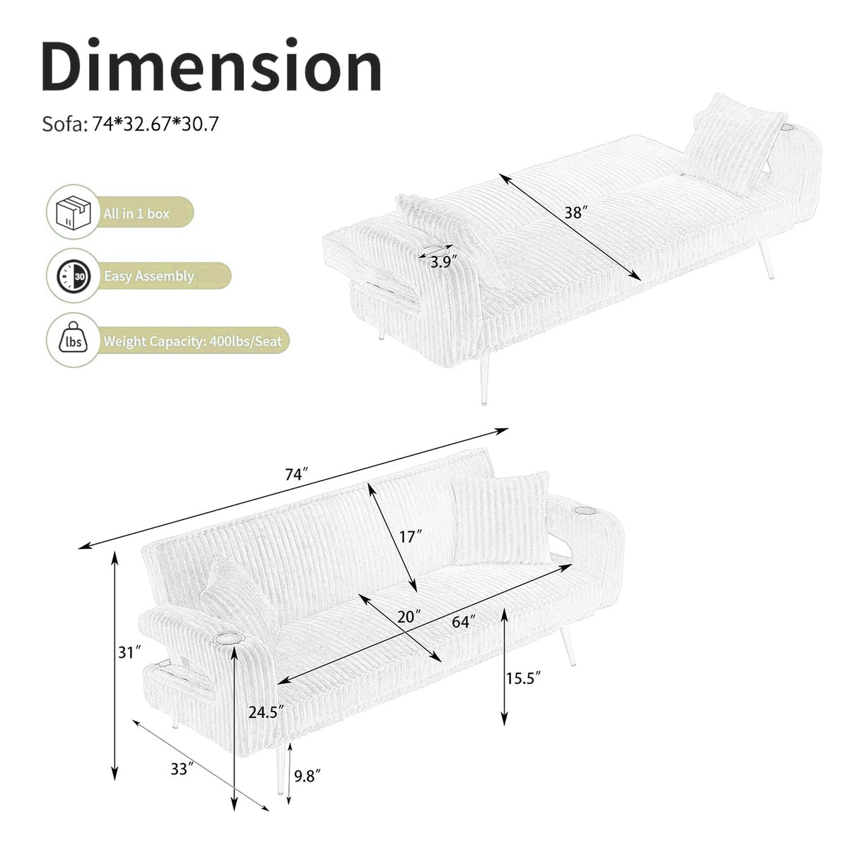 Orange Velvet Convertible Sofa Bed K9978