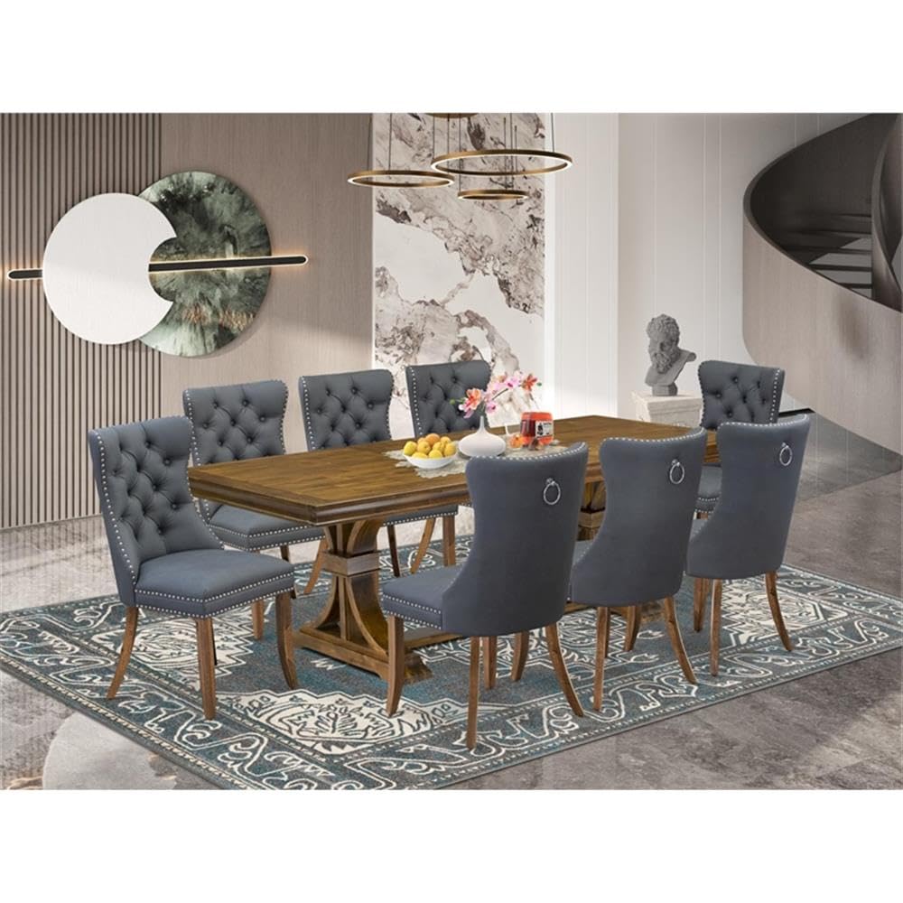 9-Piece Acacia Wood Dining Set with Gray Faux Leather Chairs O39173