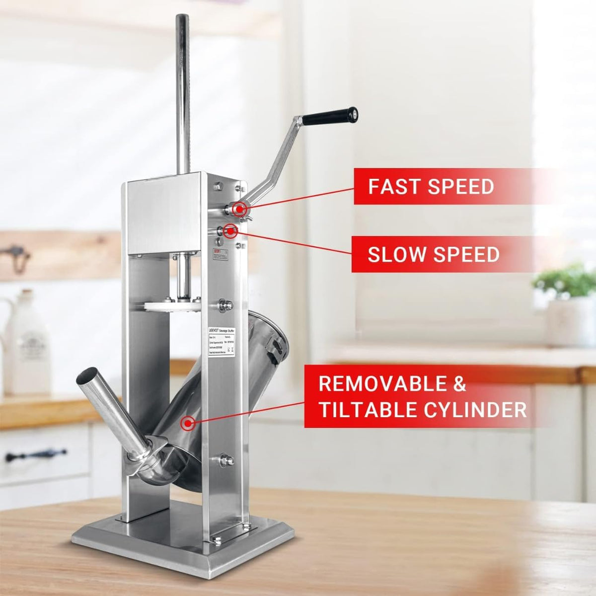 Manual Sausage Stuffer, 2 Speeds, 5 Filling Tubes, 11Lb/5L Stainless Steel B48346