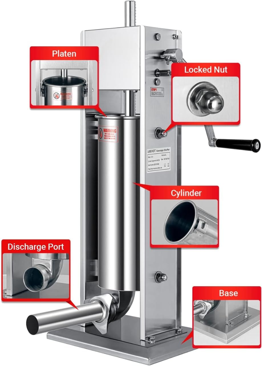 Manual Sausage Stuffer, 2 Speeds, 5 Filling Tubes, 11Lb/5L Stainless Steel B48346