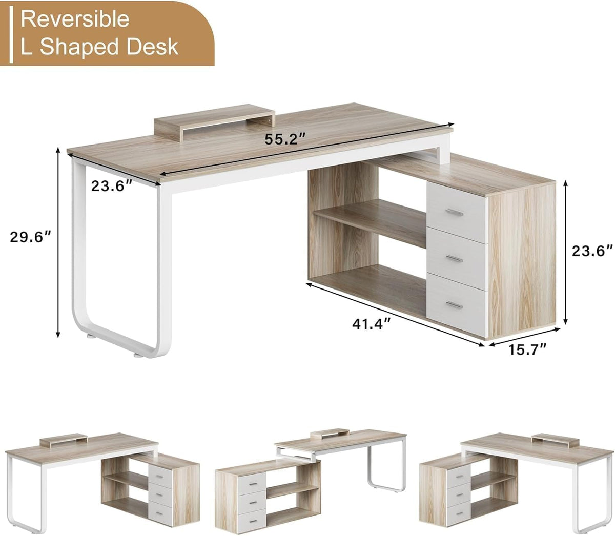55" L Shaped Office Desk with Drawers, White and Walnut E44841
