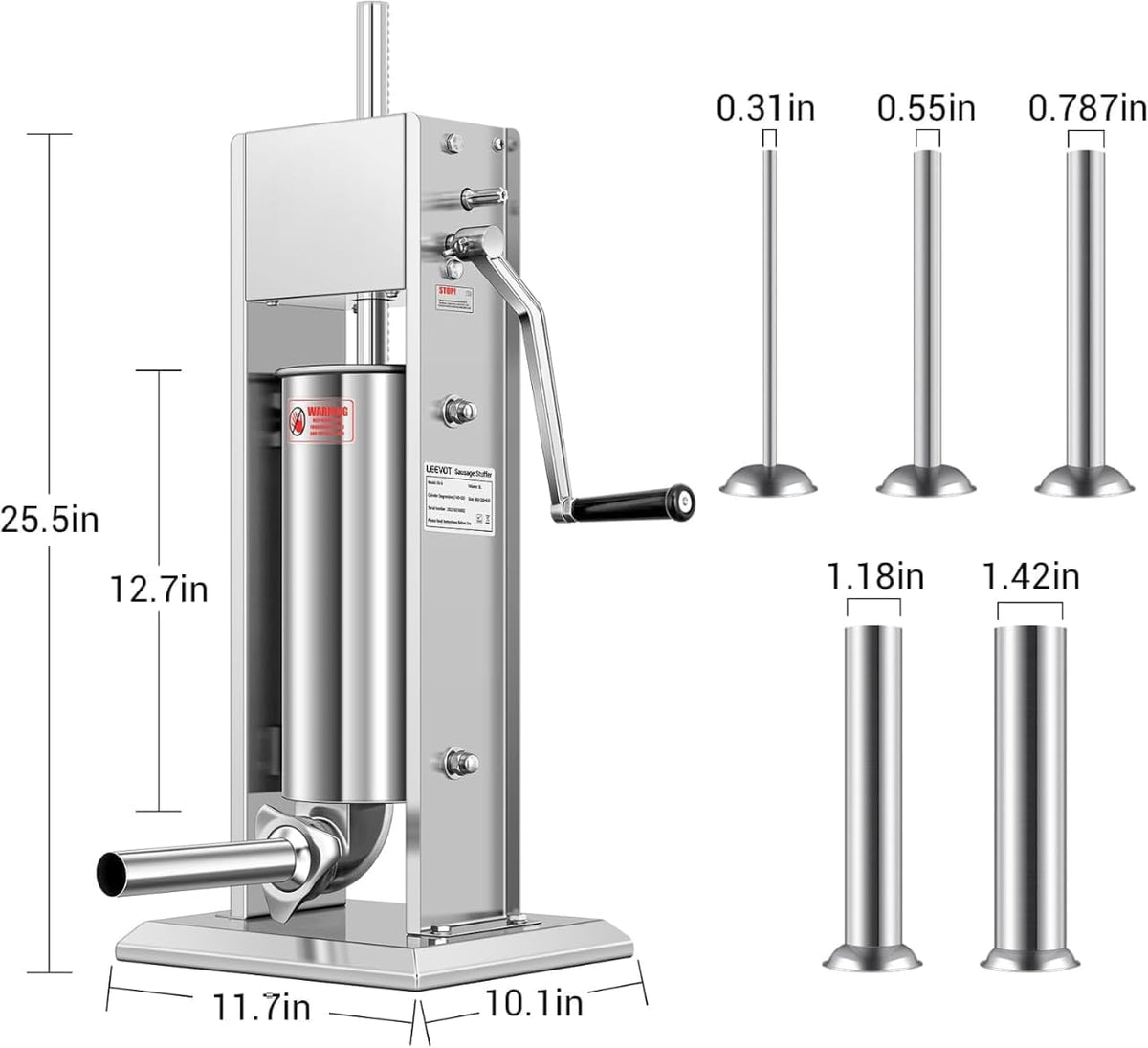 Manual Sausage Stuffer, 2 Speeds, 5 Filling Tubes, 11Lb/5L Stainless Steel B48346