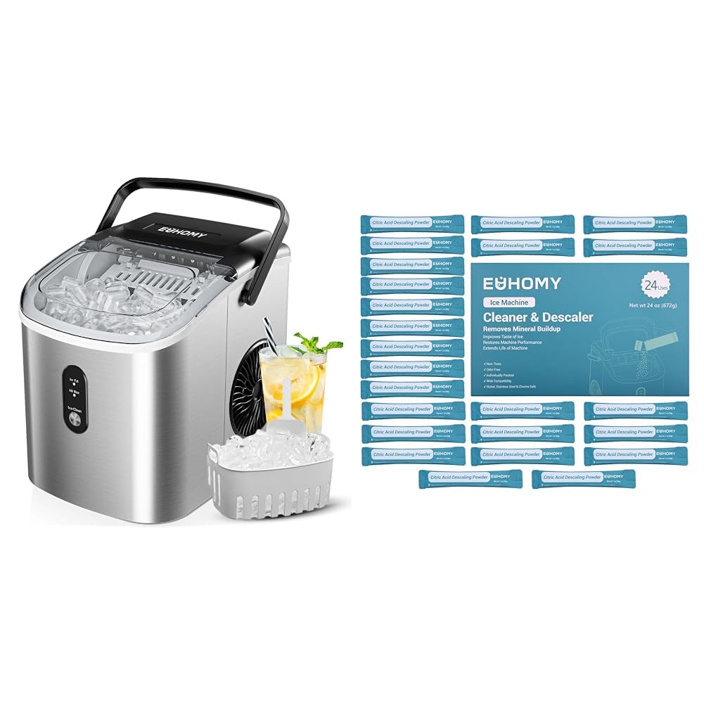 Countertop Ice Maker Machine with Handle, 26.3lbs Per Day, 9 Cubes in 6 Mins + Ice Maker Cleaner & Descaler I500506