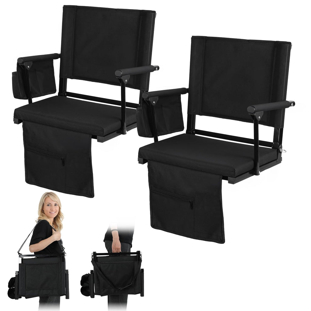 2 Pcs Folding Stadium Seat with Back Support & Cushion Black L25233
