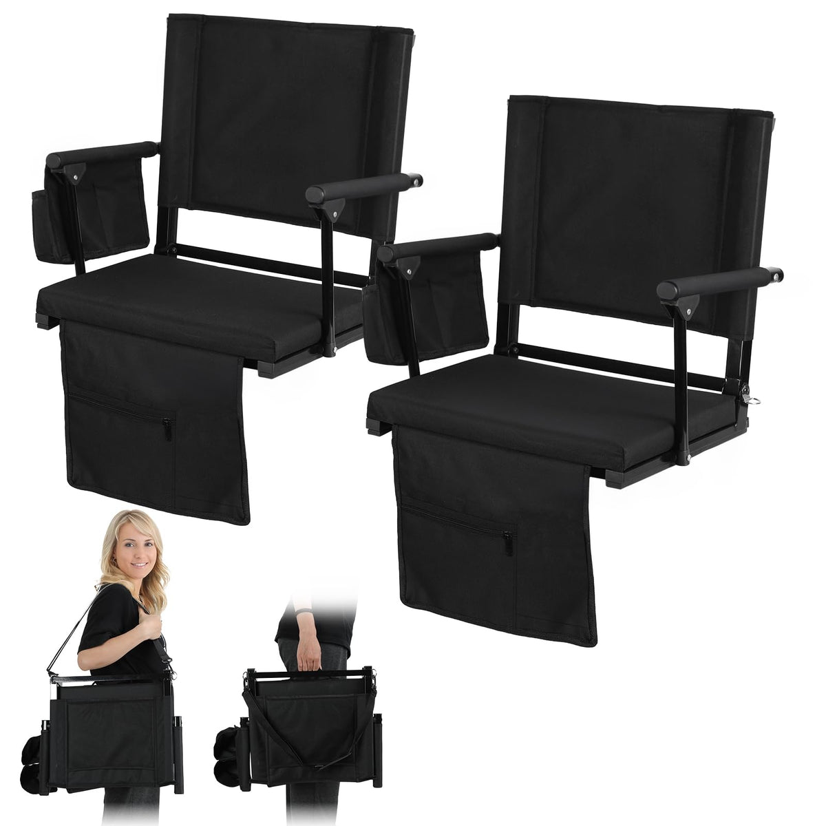 2 Pcs Folding Stadium Seat with Back Support & Cushion Black L25233