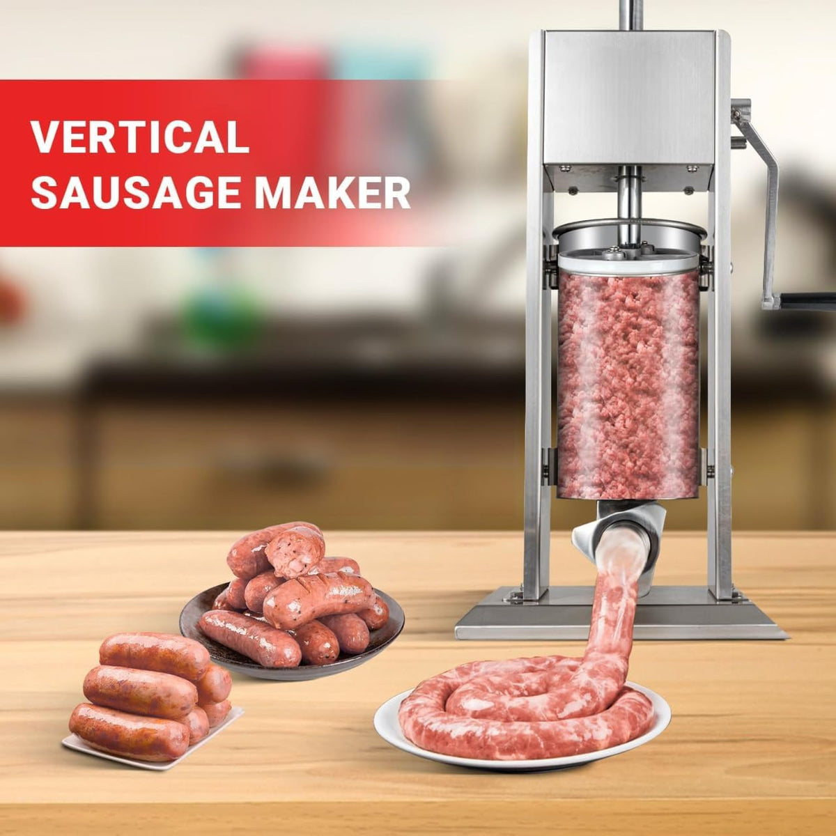 Manual Sausage Stuffer, 2 Speeds, 5 Filling Tubes, 11Lb/5L Stainless Steel B48346