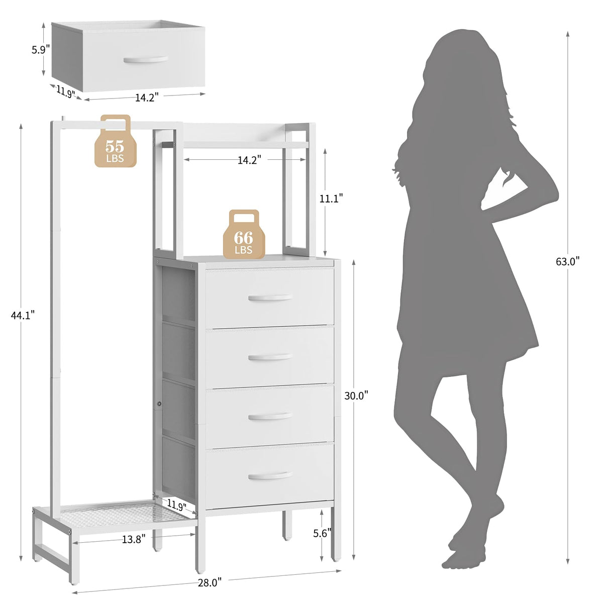 White 4 Drawer Dresser with Hanging Rack I785623