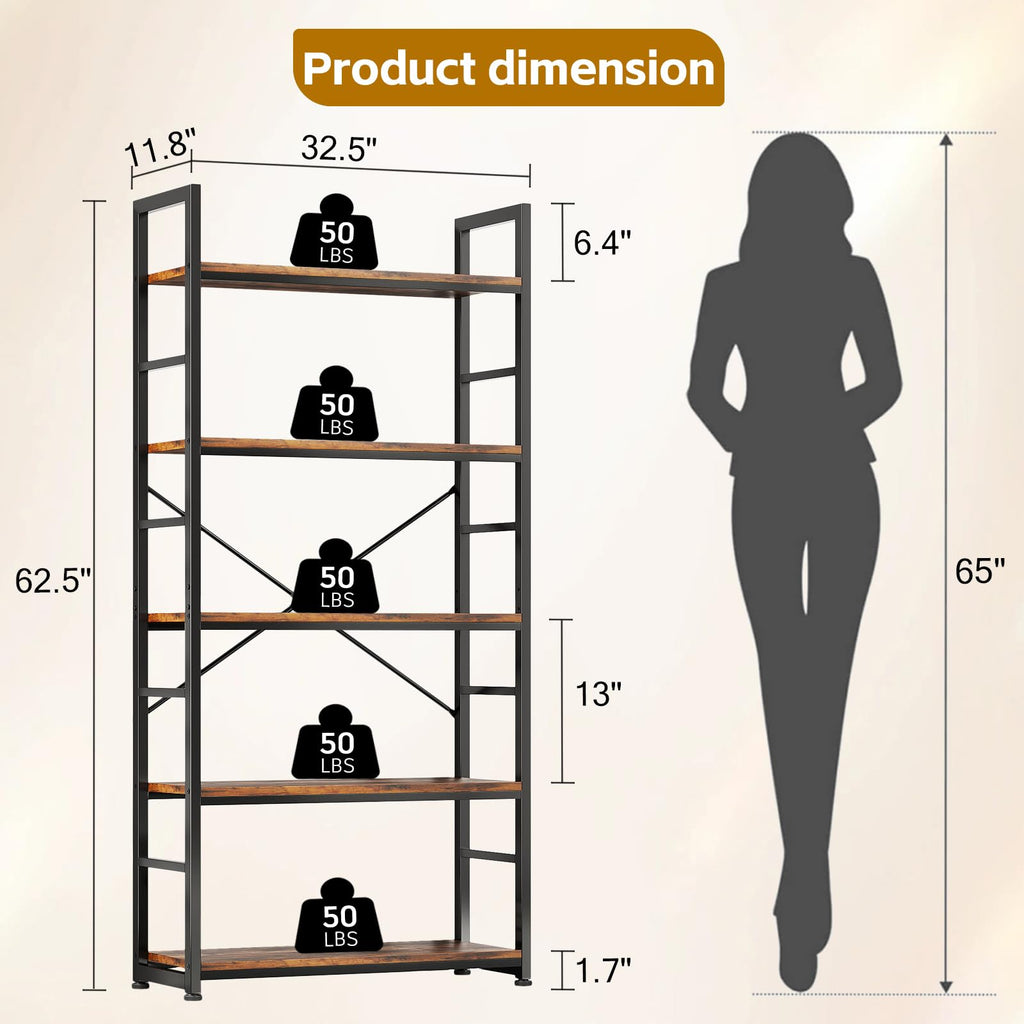 32 Inch 5-Tier Wood Metal Bookshelf O35624