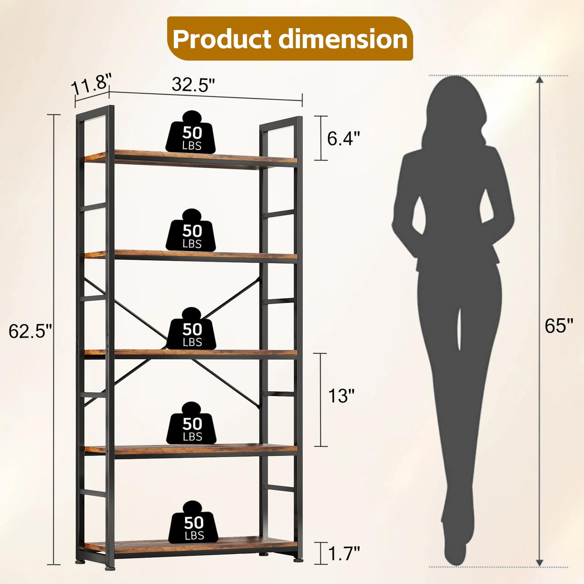 32 Inch 5-Tier Wood Metal Bookshelf O35624