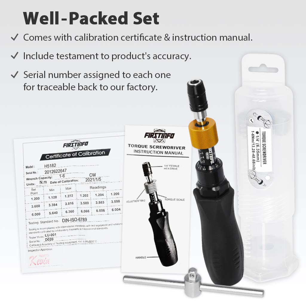 Precision Certified Torque Screwdriver 1-6 Nm with 1/4 Inch Hex Bit Holder F706673