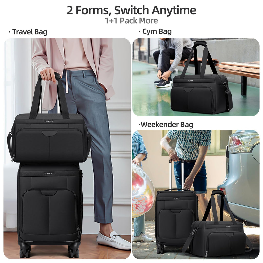 Black Expandable Carry-On Luggage Duffel Bag with Adjustable Strap P9310