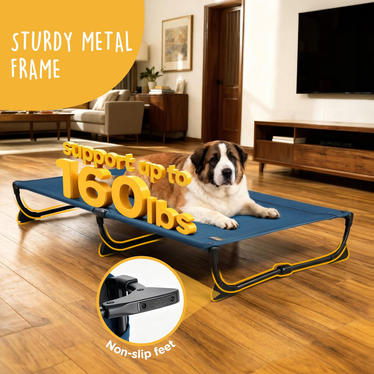 Large Elevated Dog Cot with Non-Slip Feet, Dark Blue Q46151