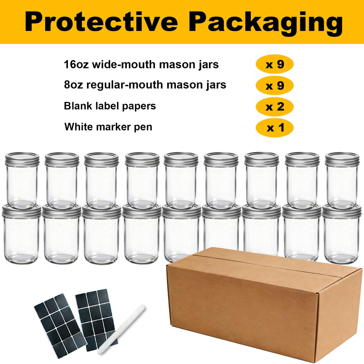 16 oz & 8 oz Clear Glass Mason Jars with Lids, Set of 18 V618279