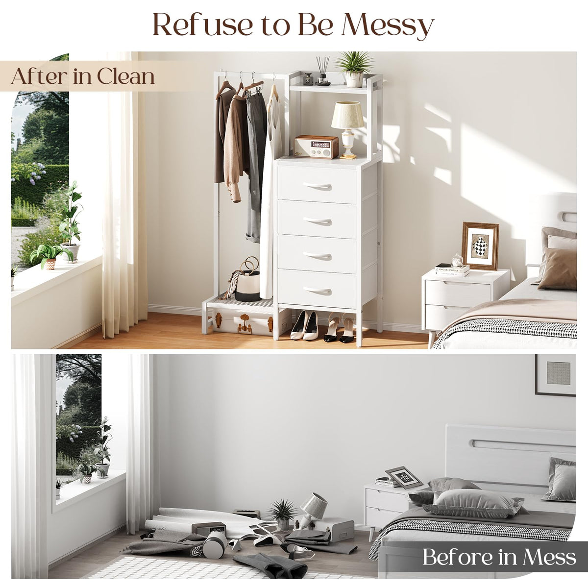 White 4 Drawer Dresser with Hanging Rack I785623