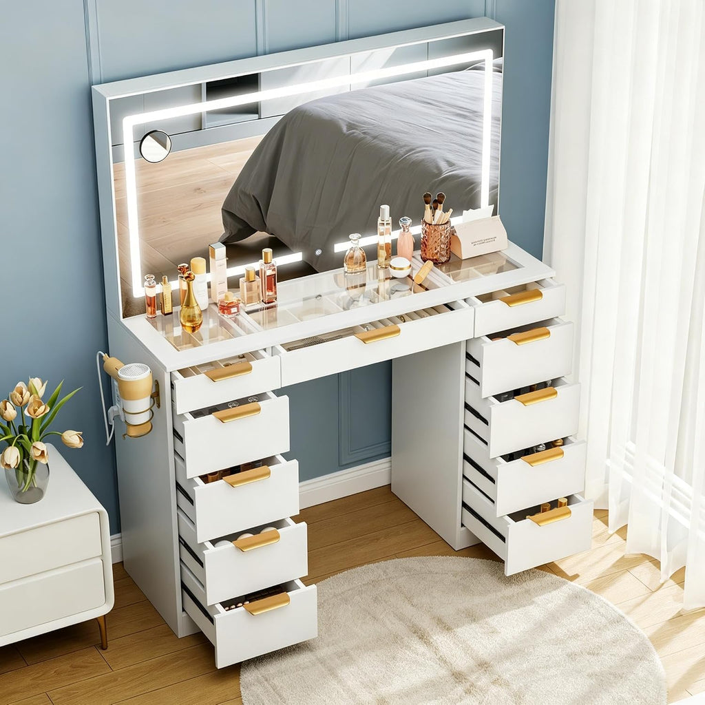 White Glass Top Vanity Desk with Mirror and Lights, 11 Drawers K506381