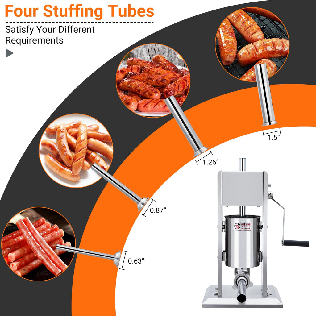 Manual 7 LB Stainless Steel Sausage Stuffer with 4 Stuffing Tubes I447492