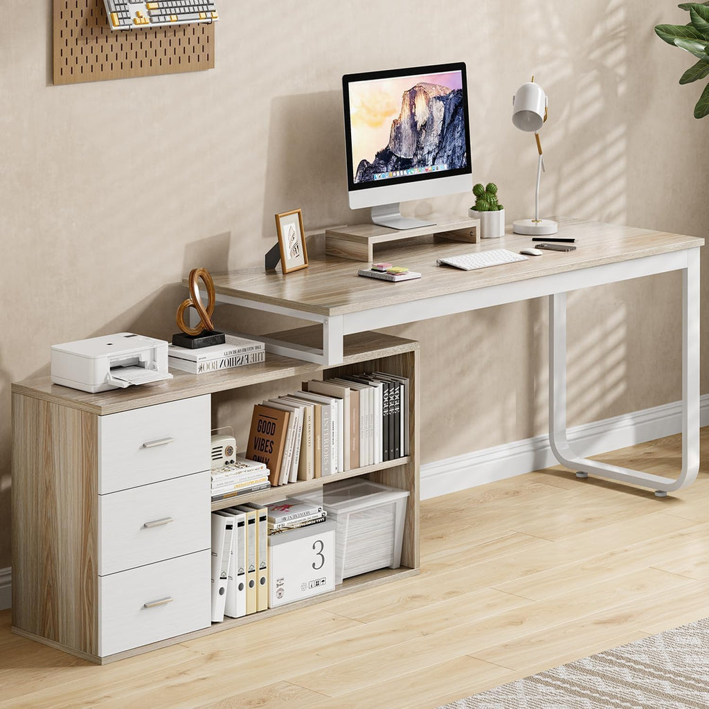 55" L Shaped Office Desk with Drawers, White and Walnut E44841