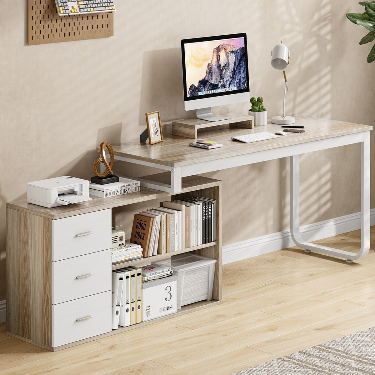 55" L Shaped Office Desk with Drawers, White and Walnut E44841