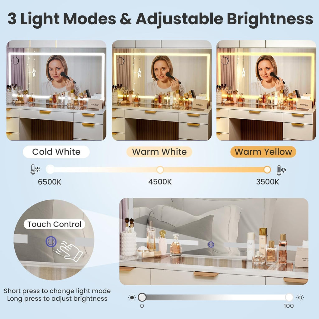 White Glass Top Vanity Desk with Mirror and Lights, 11 Drawers K506381