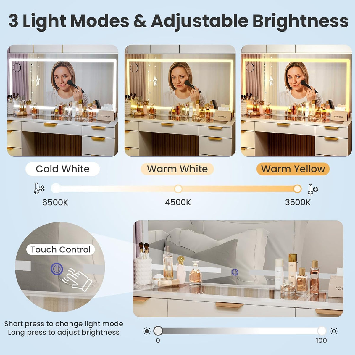 White Glass Top Vanity Desk with Mirror and Lights, 11 Drawers K506381