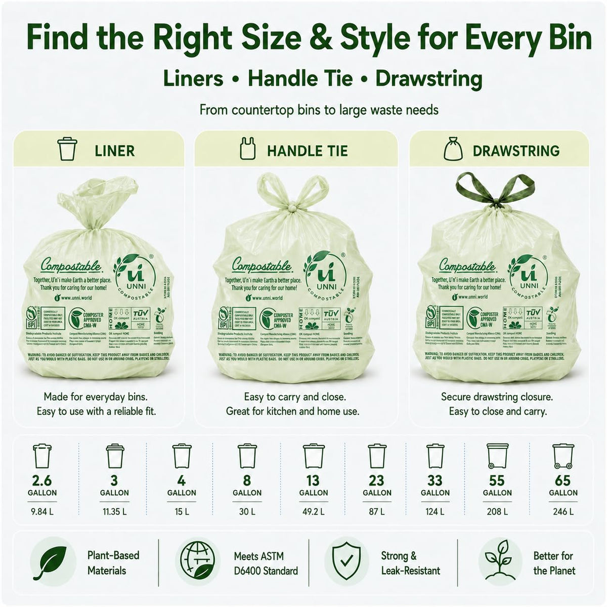 1.6 Gallon Compostable Bags with Easy-Tie Handles, 50 Count P816