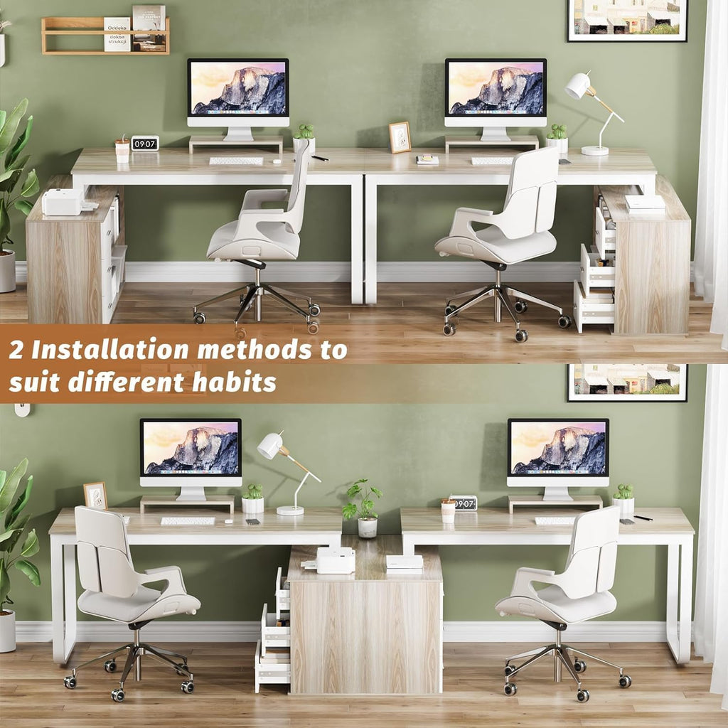 55" L Shaped Office Desk with Drawers, White and Walnut E44841