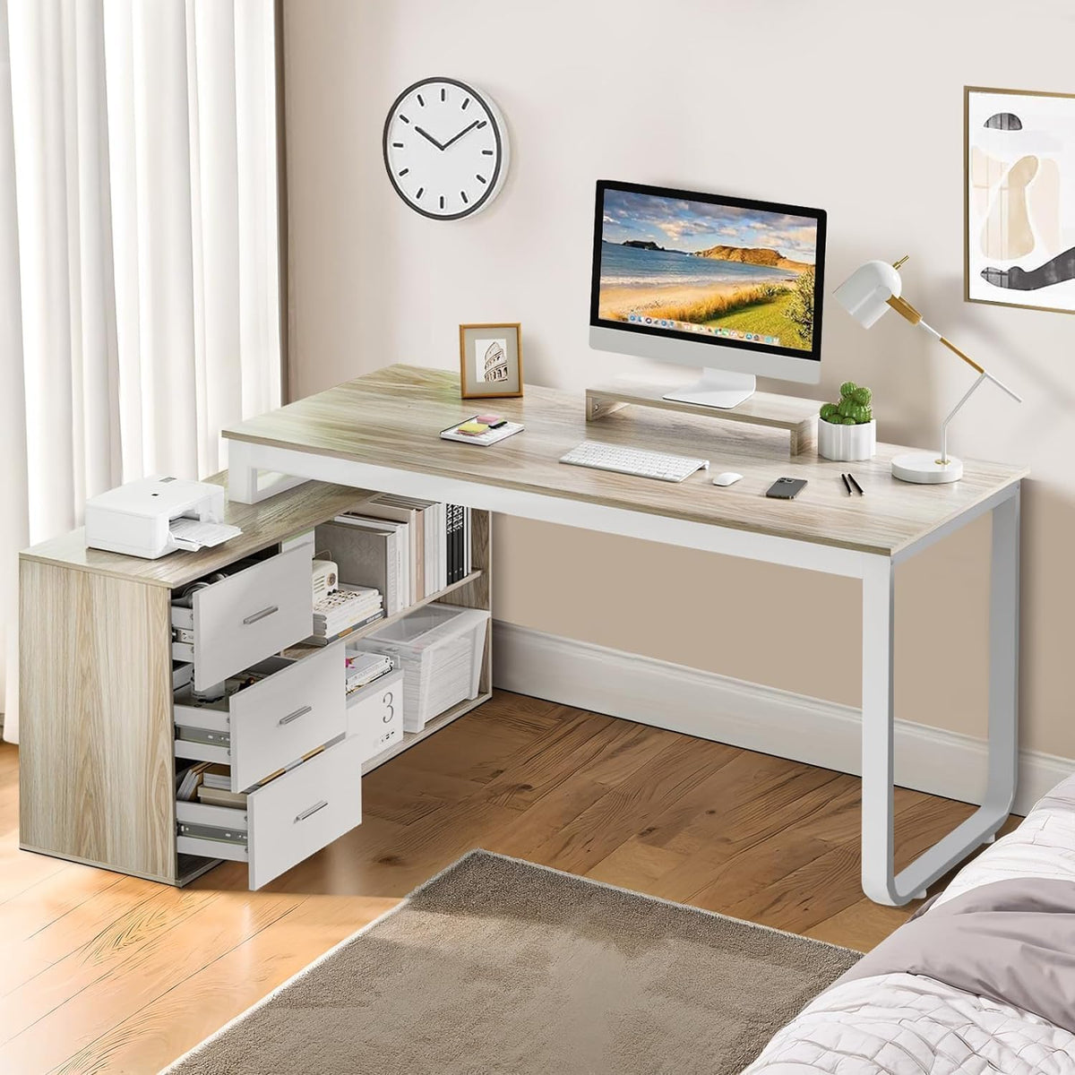 55" L Shaped Office Desk with Drawers, White and Walnut E44841