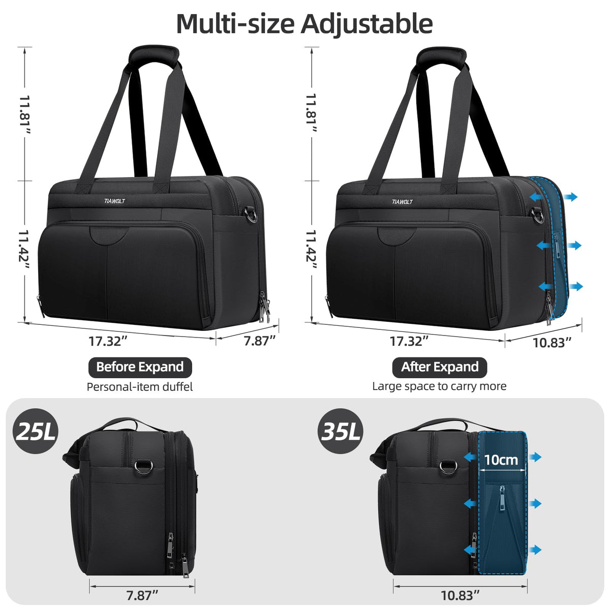 Black Expandable Carry-On Luggage Duffel Bag with Adjustable Strap P9310