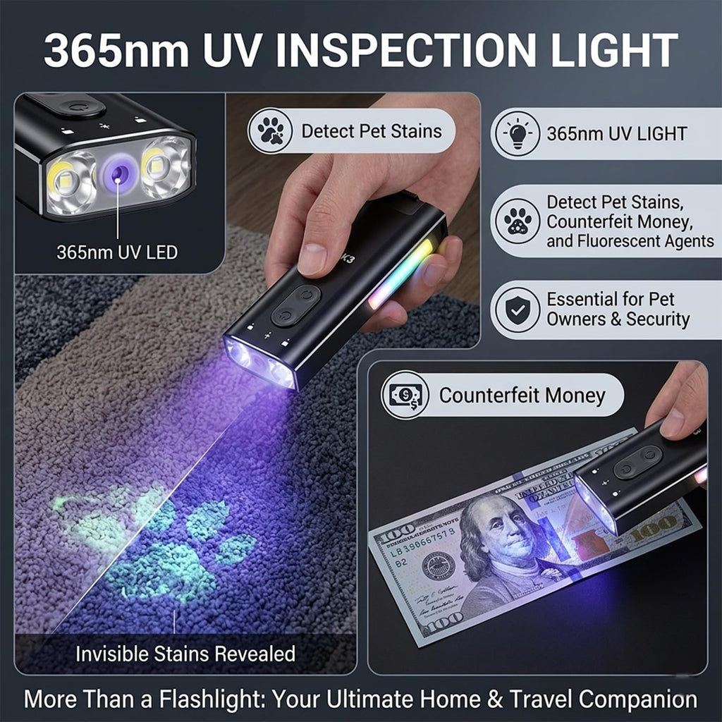 800 Lumens Rechargeable EDC Keychain Flashlight with UV & Red LED J9149