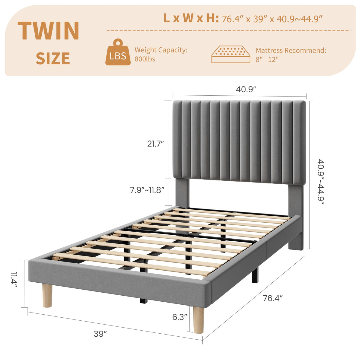 Velvet Upholstered Platform Bed with Adjustable Headboard W8147