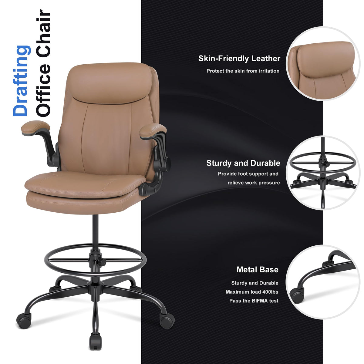 Leather Drafting Chair with Adjustable Height and Flip-up Armrest R4363