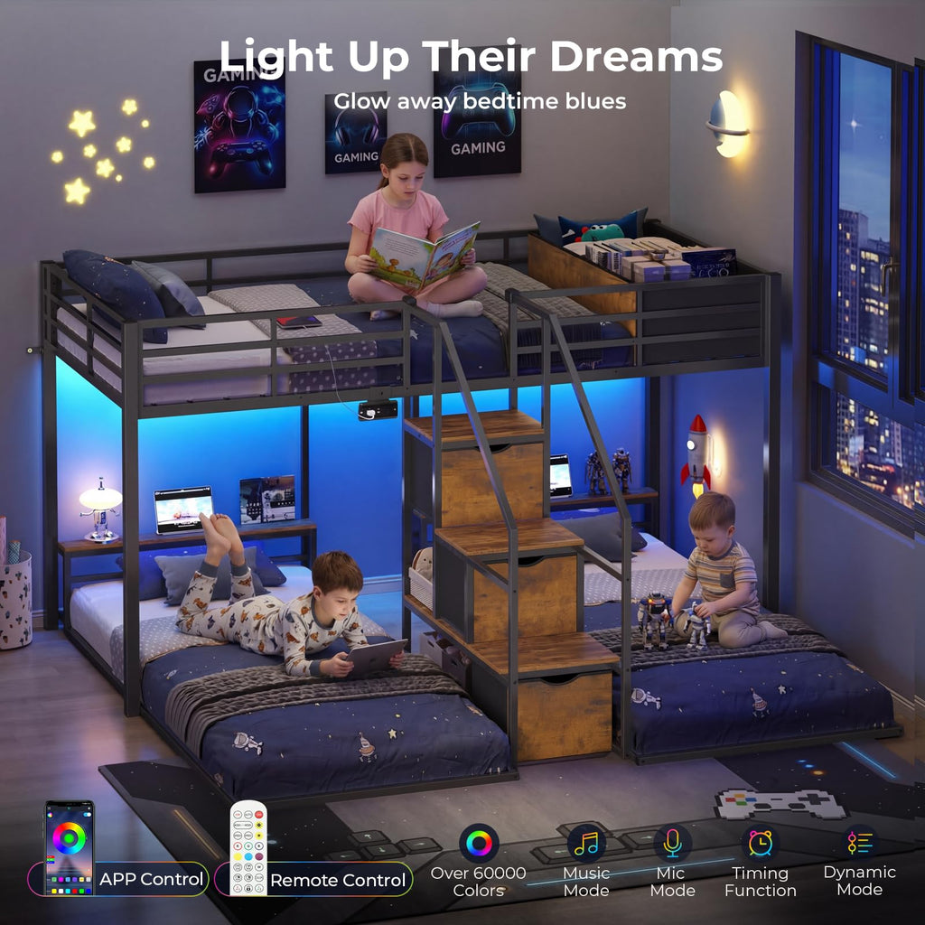 Black Triple Bunk Bed Twin Over Twin with Storage Staircase L8589