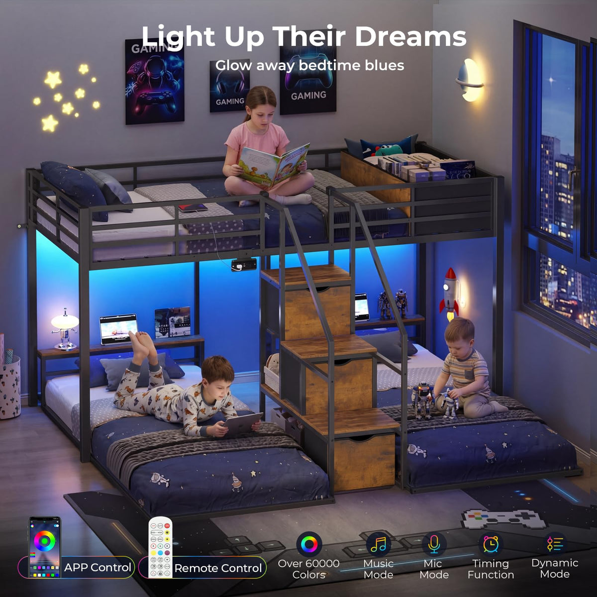 Black Triple Bunk Bed Twin Over Twin with Storage Staircase L8589