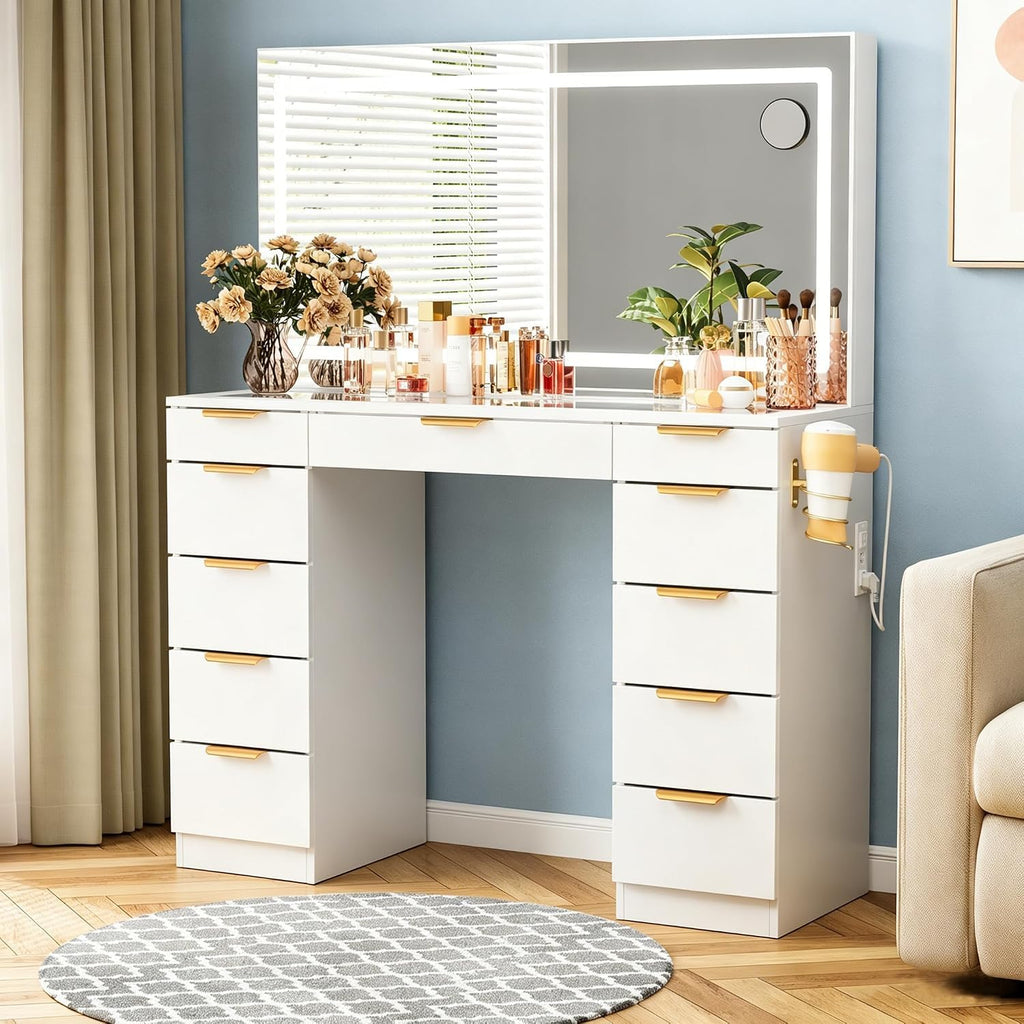 White Glass Top Vanity Desk with Mirror and Lights, 11 Drawers K506381