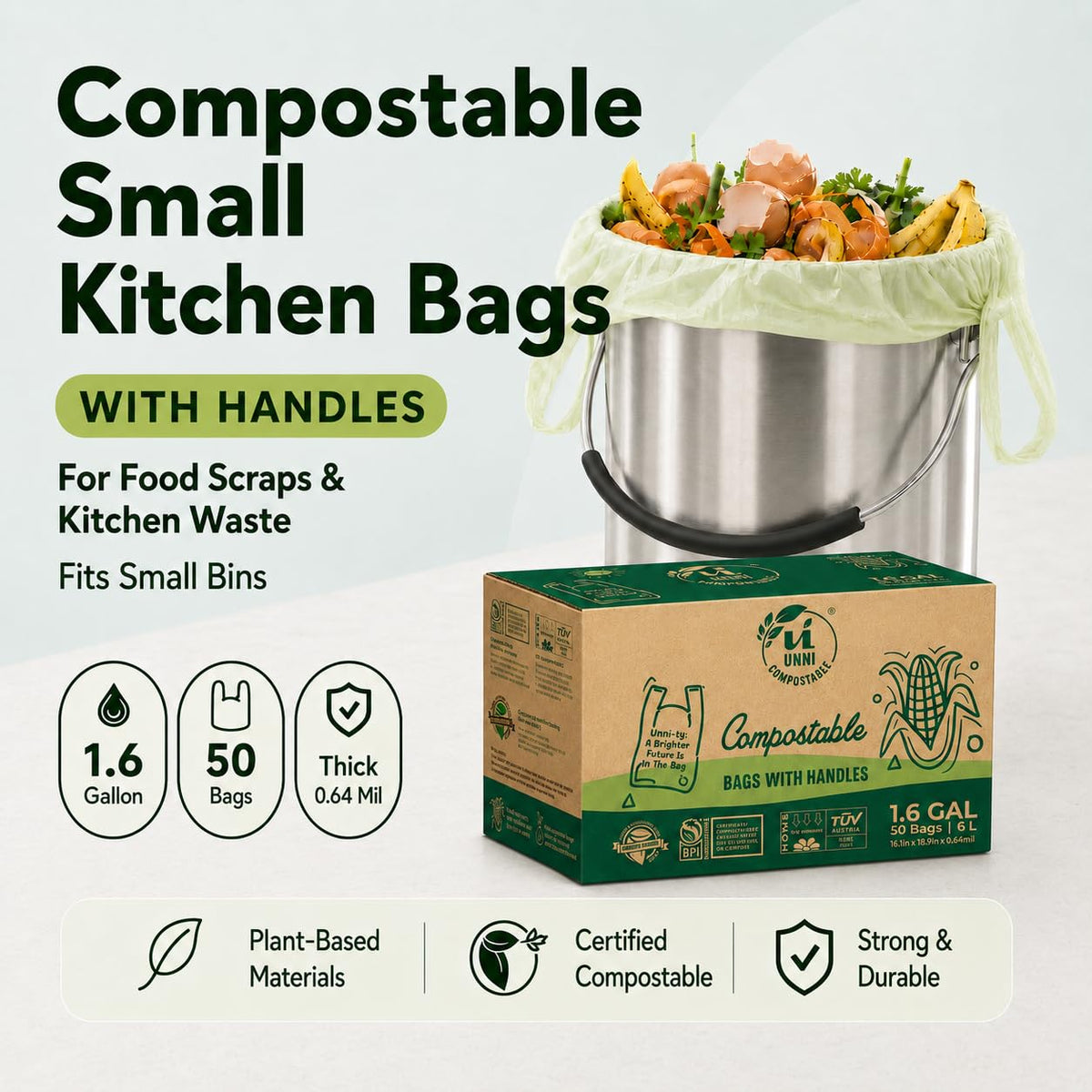1.6 Gallon Compostable Bags with Easy-Tie Handles, 50 Count P816