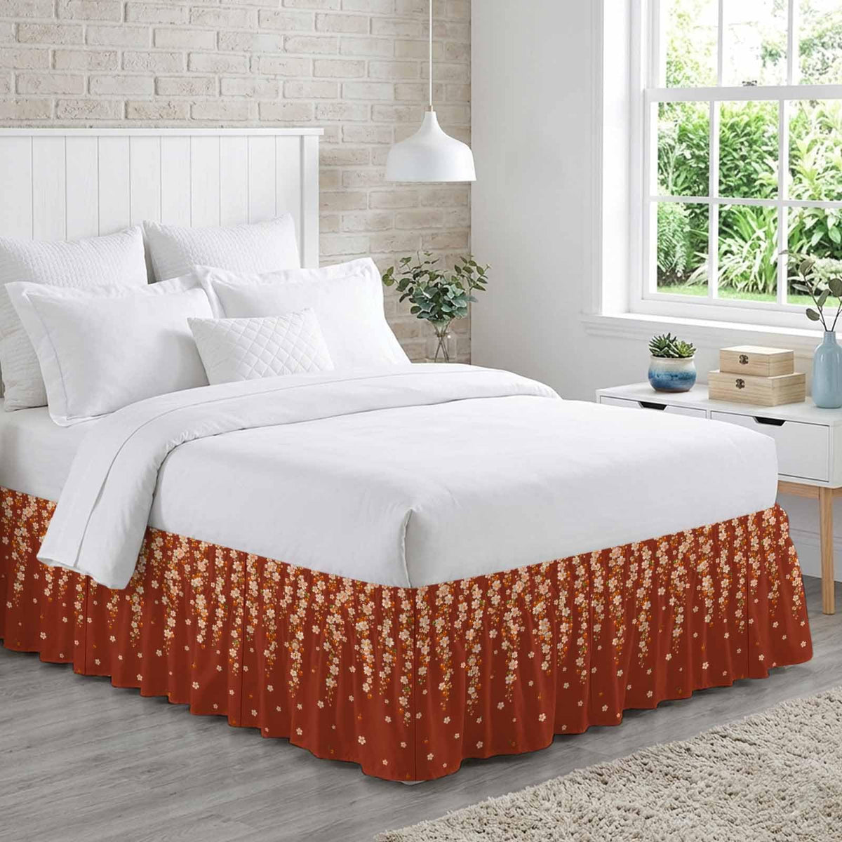 Brown Cherry Blossoms Ruffle Wrap Around Bed Skirt California King 18" Drop P561397