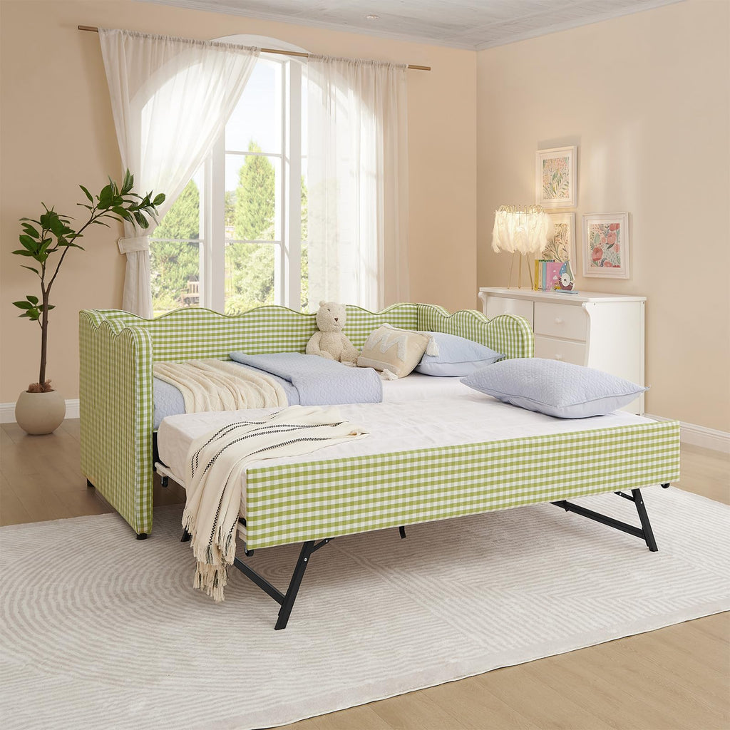 81-inch Twin to King Size Gingham Linen Upholstered Daybed with USB Charging Ports T103605