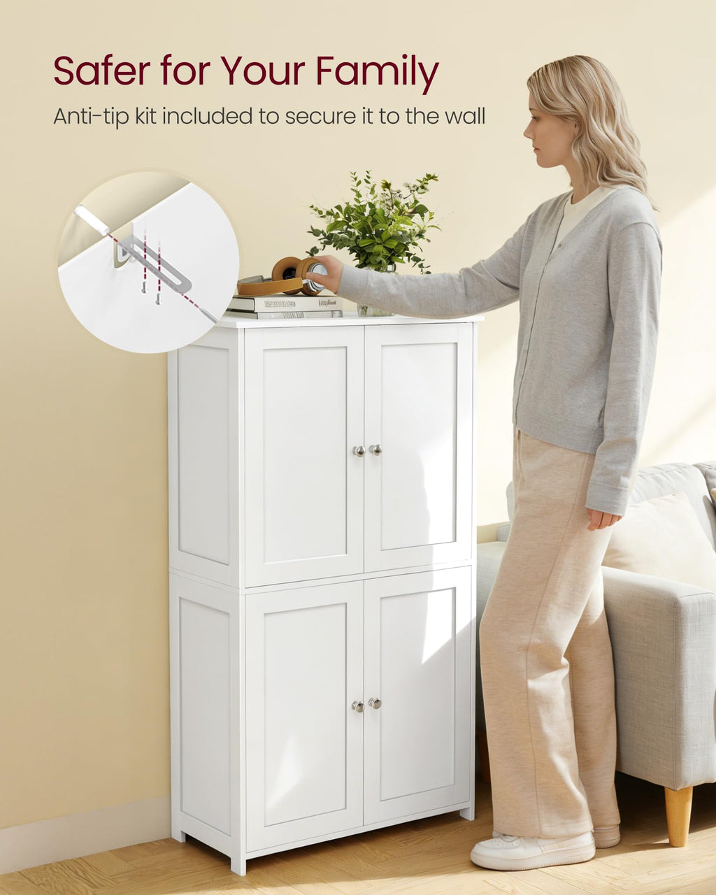 Floor Storage Cabinet with 2 Adjustable Shelves and 4 Doors J69116