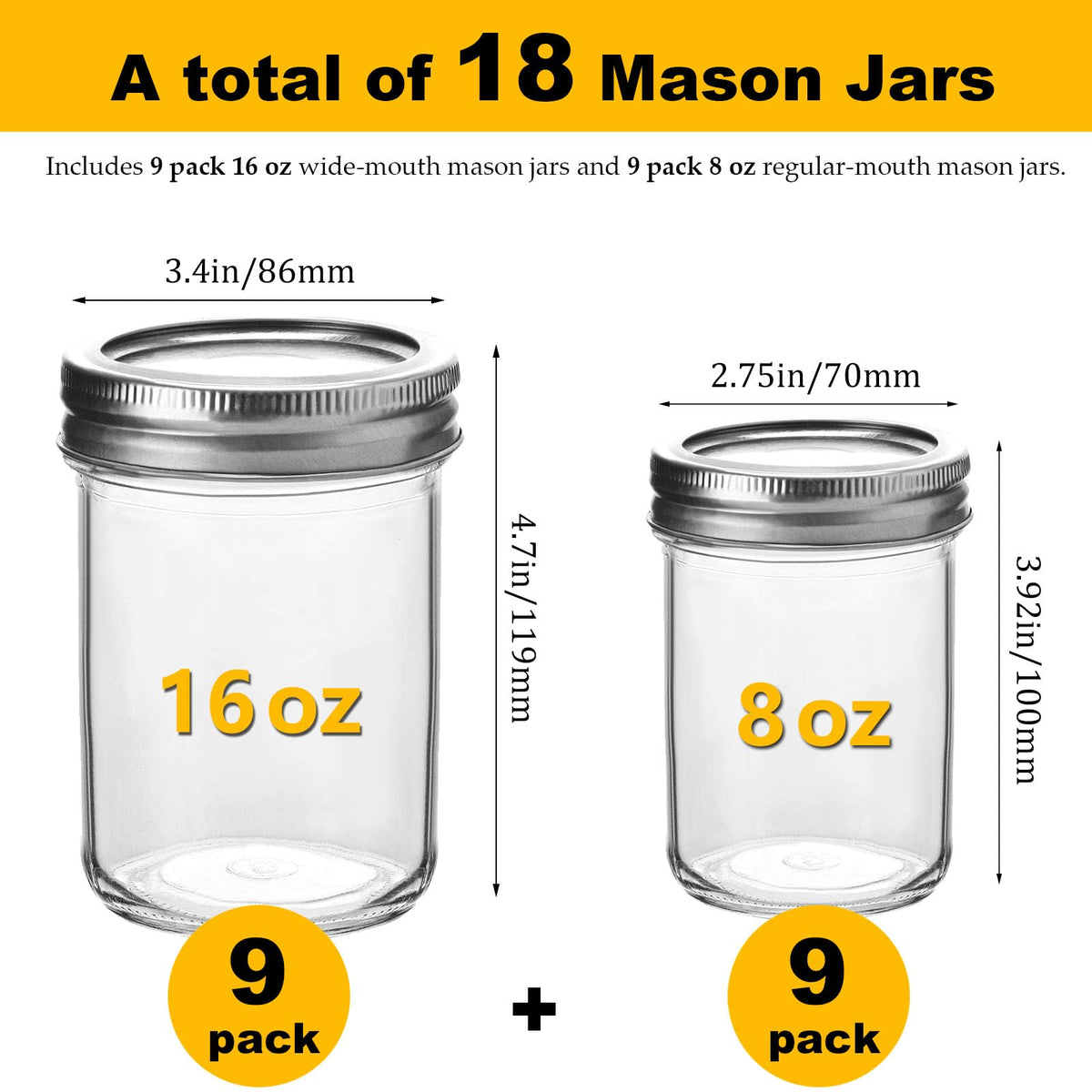 16 oz & 8 oz Clear Glass Mason Jars with Lids, Set of 18 V618279