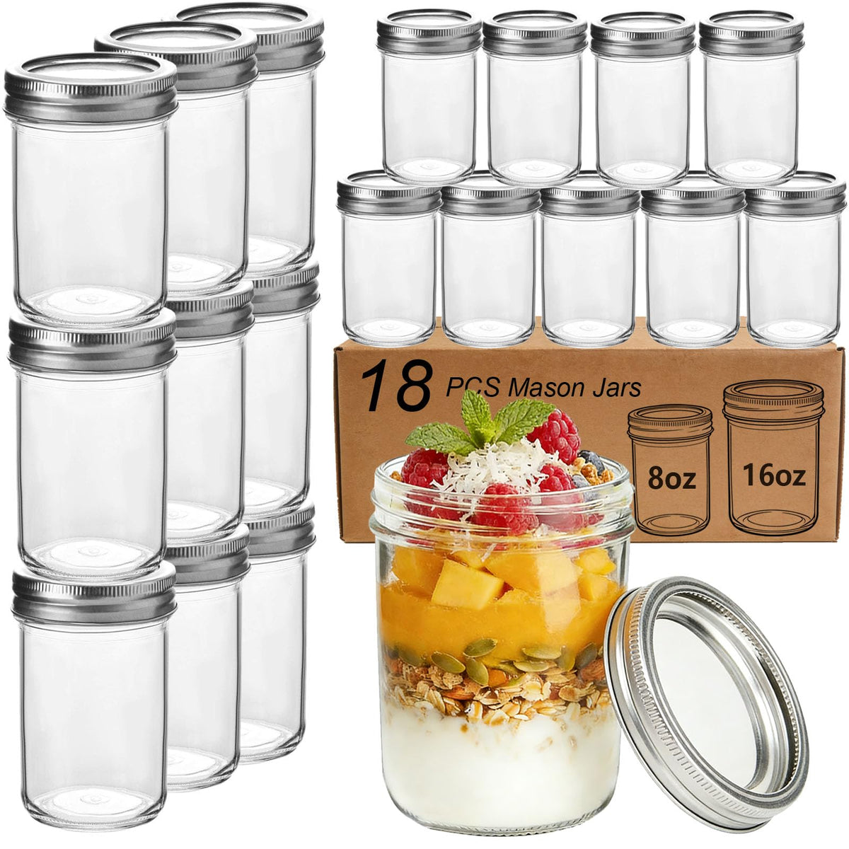 16 oz & 8 oz Clear Glass Mason Jars with Lids, Set of 18 V618279
