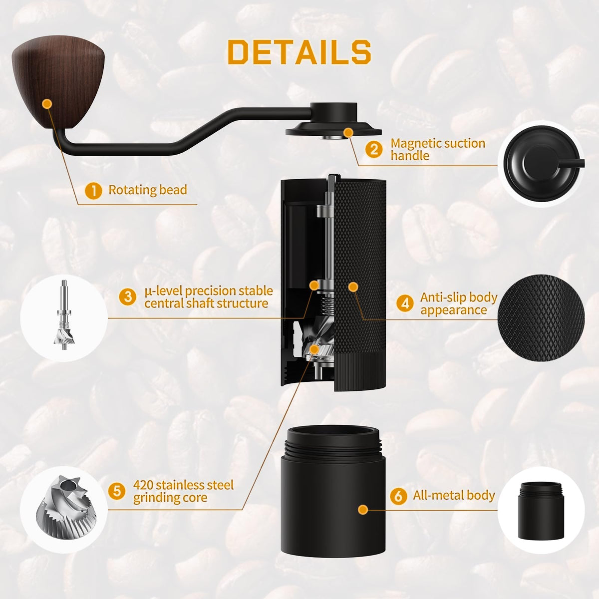 Manual Coffee Grinder 25g Stainless Steel Conical Burr Black M875