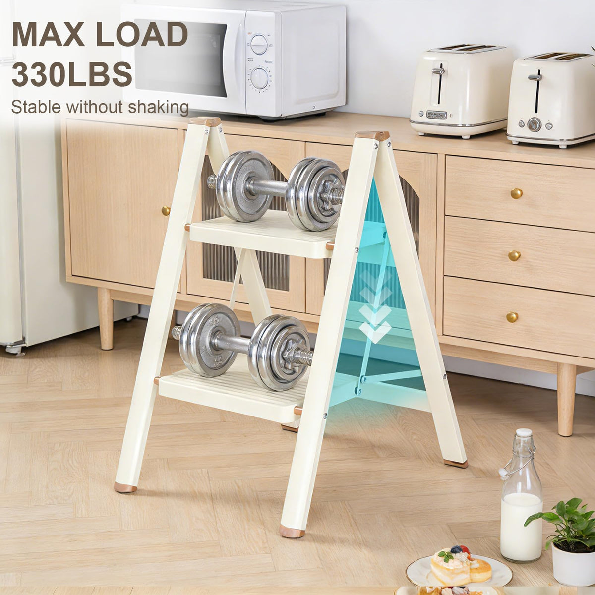 2 Step Ladder Folding Step Stool with Anti-Slip Pedal 330LBS Capacity Cream White G235859