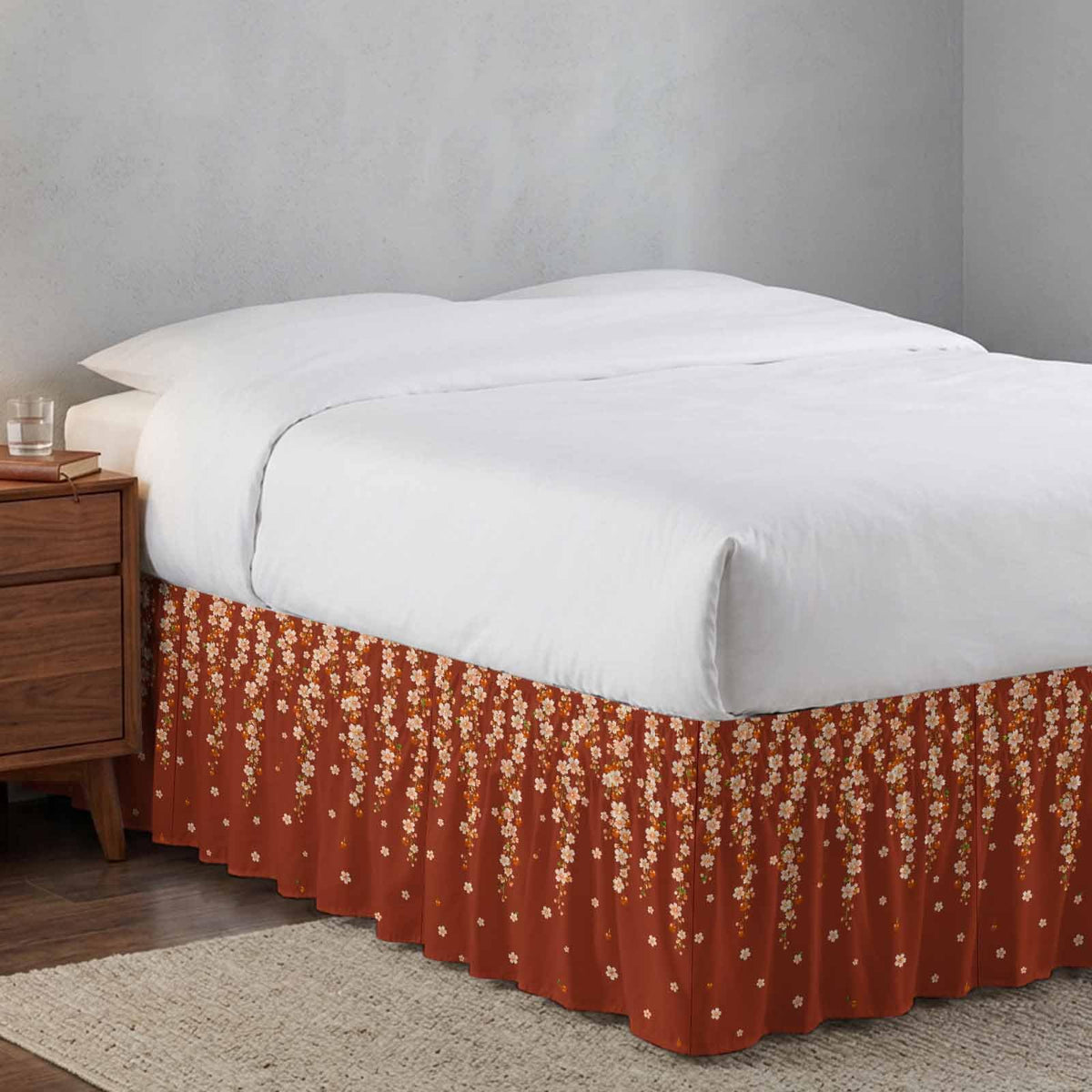 Brown Cherry Blossoms Ruffle Wrap Around Bed Skirt California King 18" Drop P561397