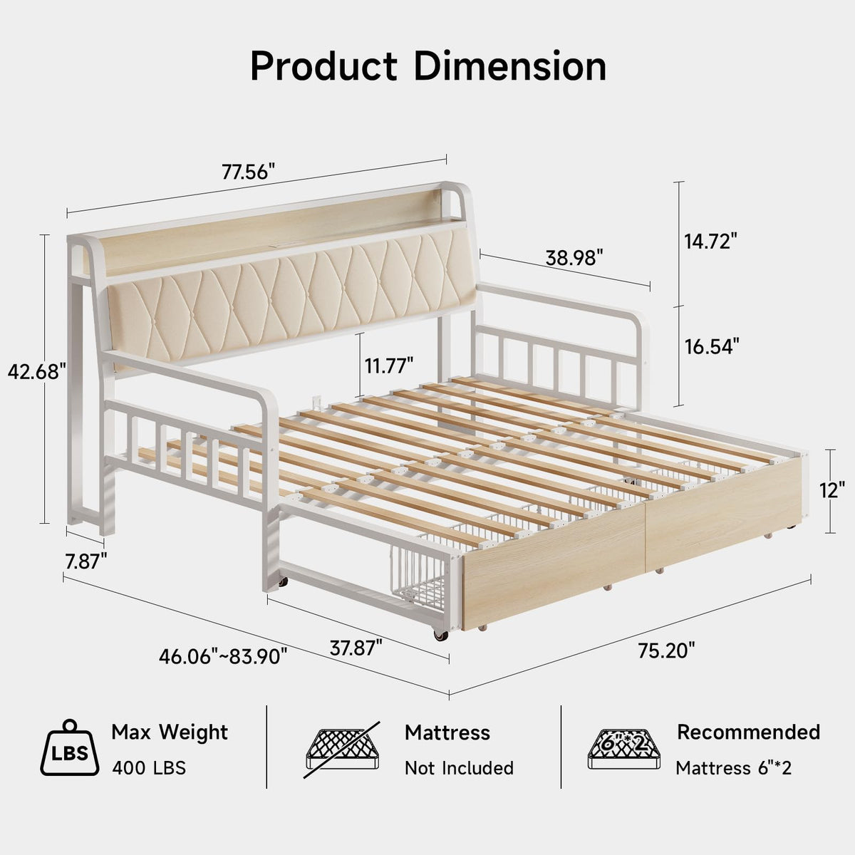 White Twin Daybed with Pop up Trundle X863524