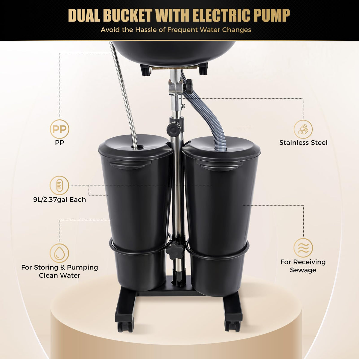 Portable Shampoo Bowl with 2 Buckets Electric Pump & Adjustable Hair Washing Basin U366