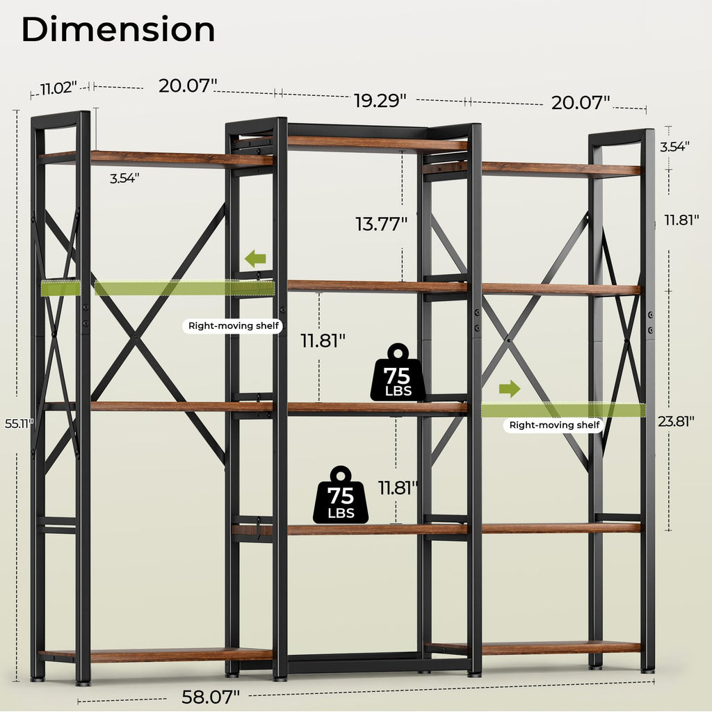 5-Tier Rustic Brown Bookshelf with Metal Frame R68571