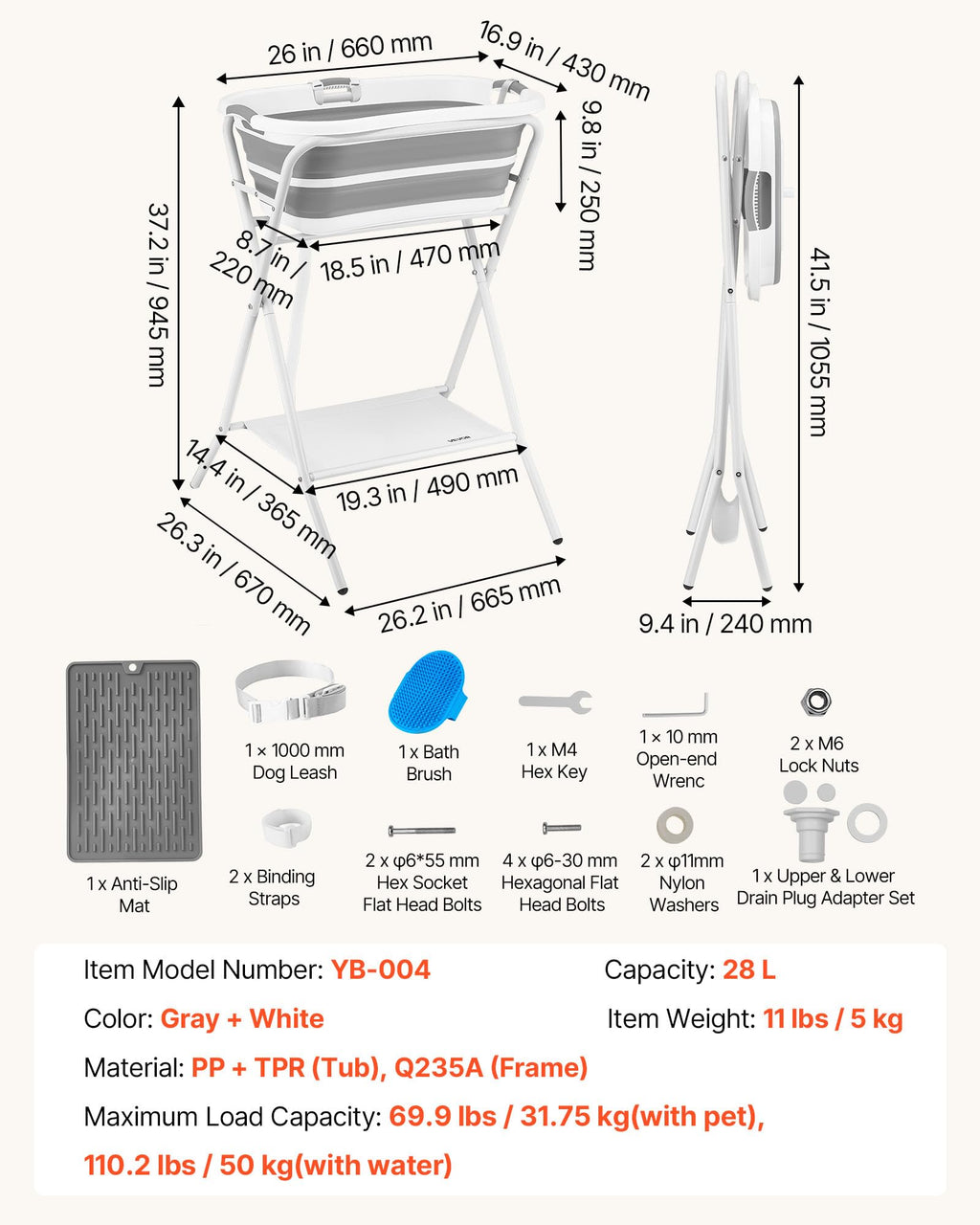 Elevated Collapsible Pet Bathtub with Drain Hose R43748